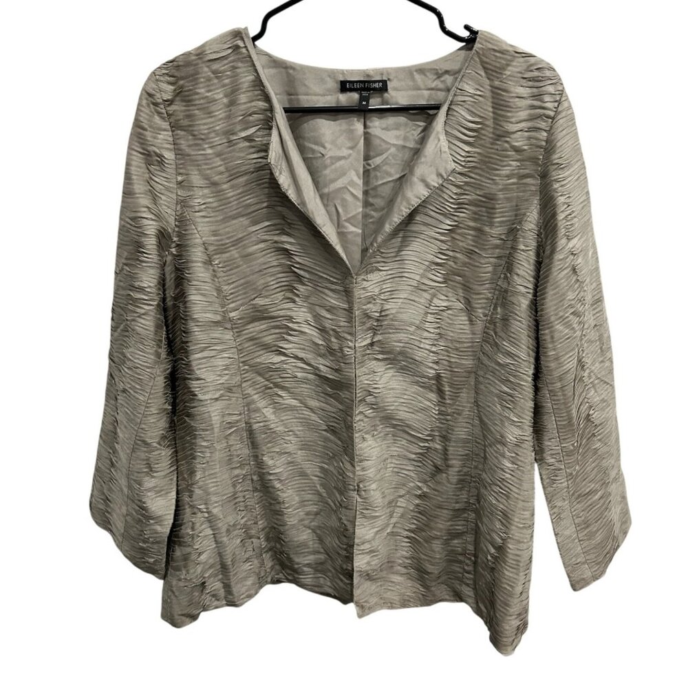Eileen Fisher Crinkle Textured Silk Jacket Beige 3/4 Sleeve Open Front Sz M